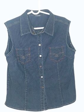 Vintage Denim Sleeveless Button Up Shirt Women’s Large Western Jean Top